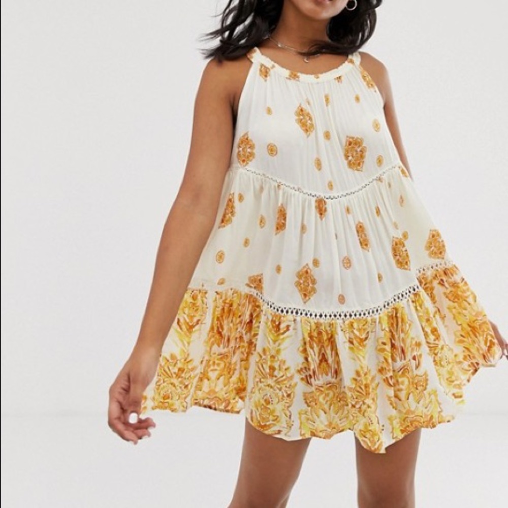 Free People White Mini Dress with Yellow Floral Print